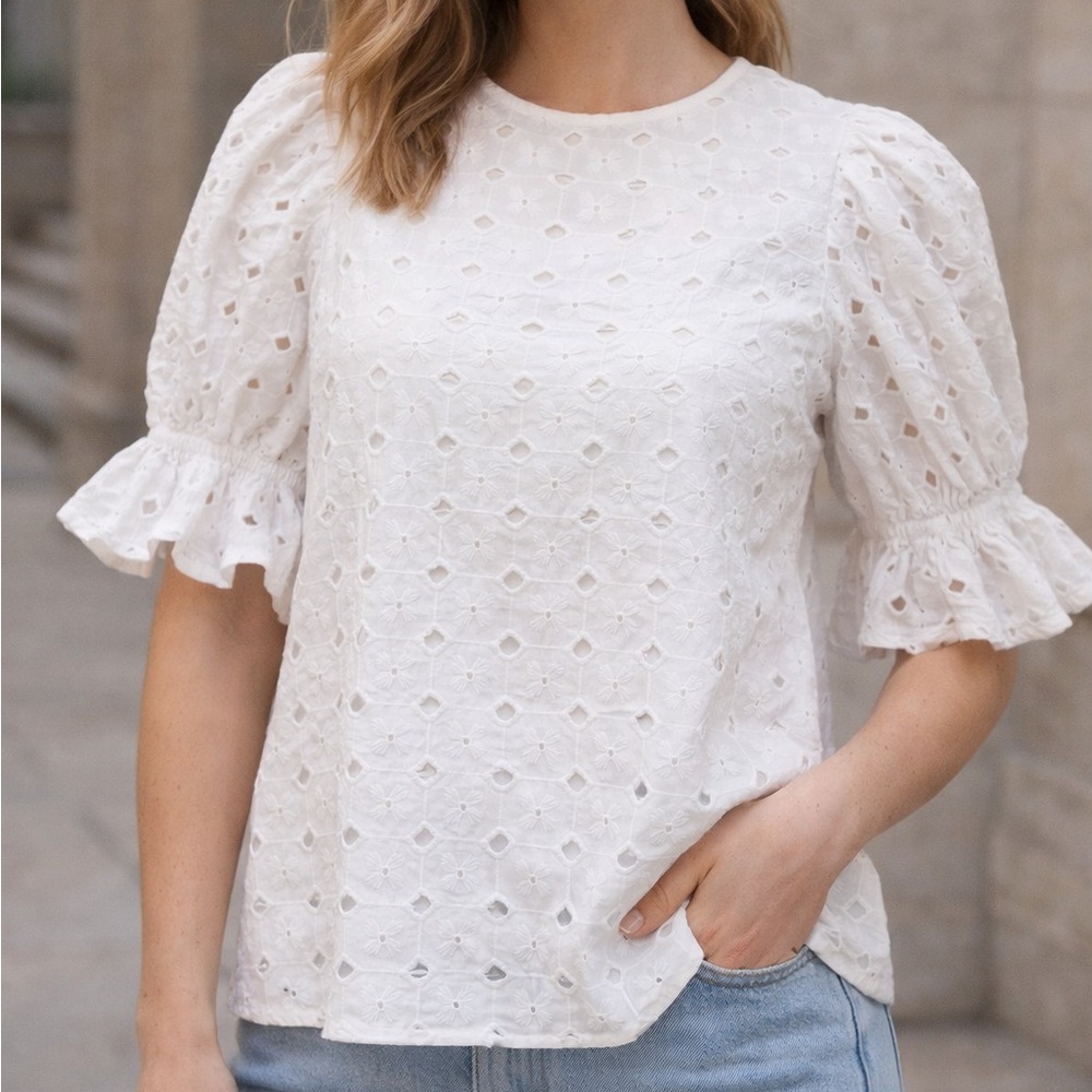 White Eyelet Lace Blouse Romantic Boho Cottagecore Puff Sleeve Top S